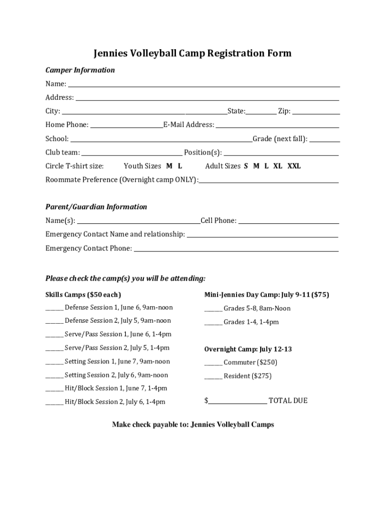  Jennies Volleyball Camp Registration Form Camper I 2018-2024