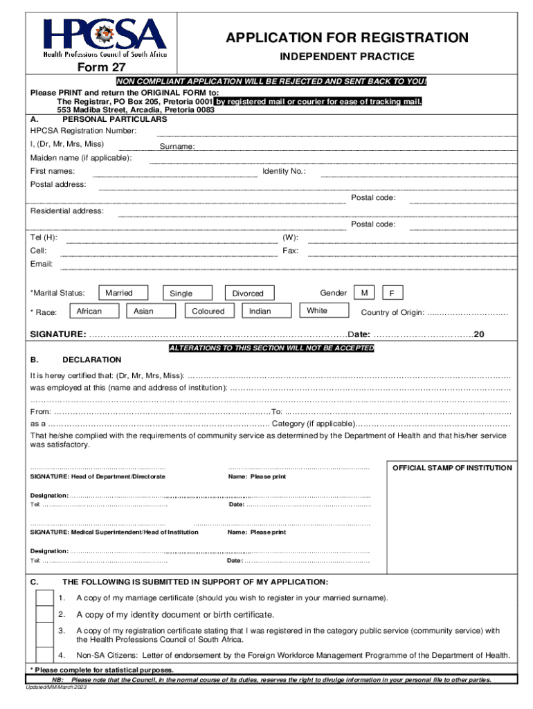  APPLICATION for REGISTRATION INDEPENDENT PRACTICEF 2023-2024