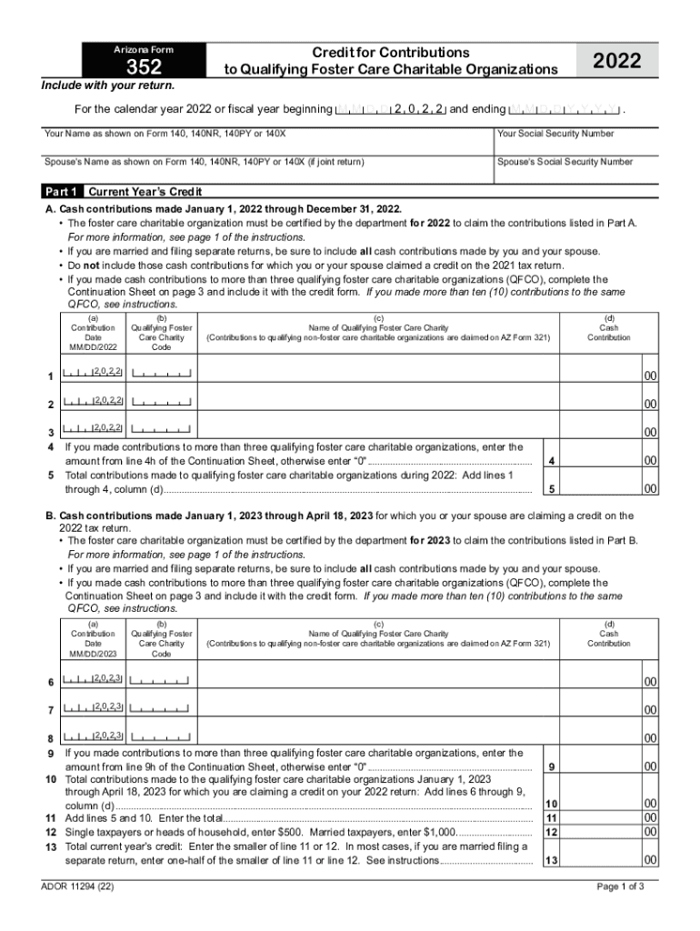  Arizona Form352Credit for Contributions to Qualify 2022