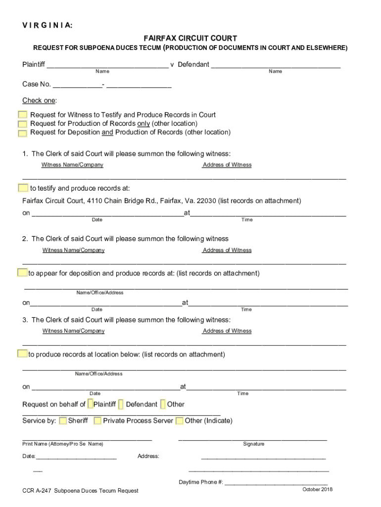 Virginia Subpoena Duces Tecum Attorney Fill Online  Form