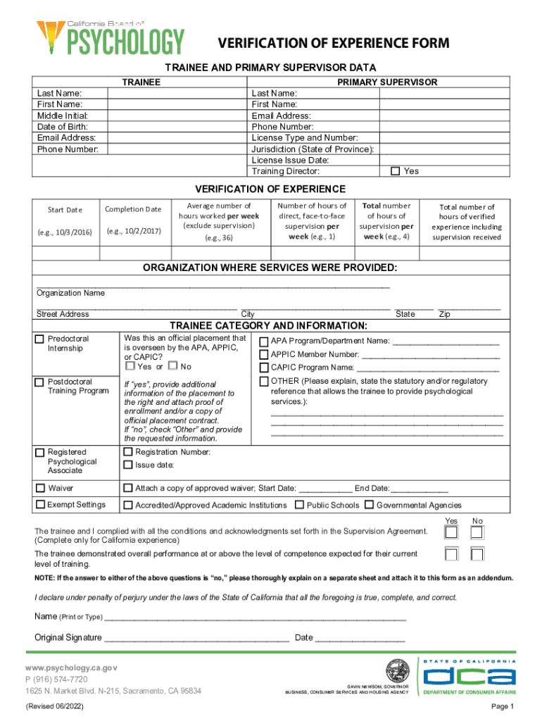 California Board of Psychology Verification of Experience Form Instructions California Board of Psychology Verification of Exper