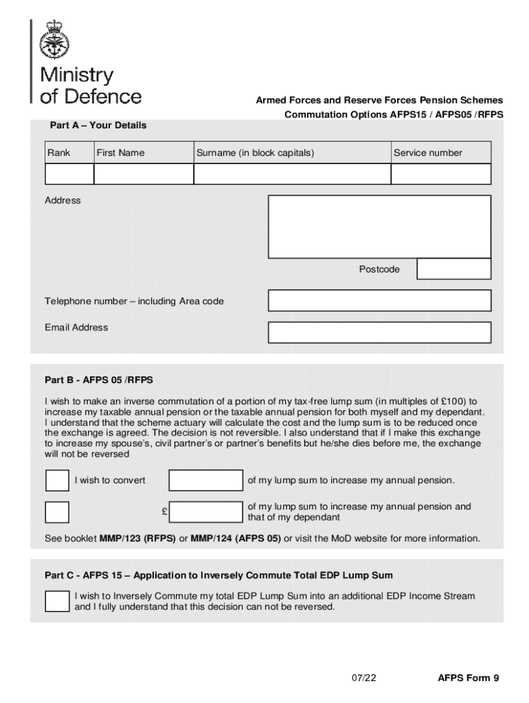  AFPS Form 9 Commutation Options AFPS15 AFPS05 2022-2024