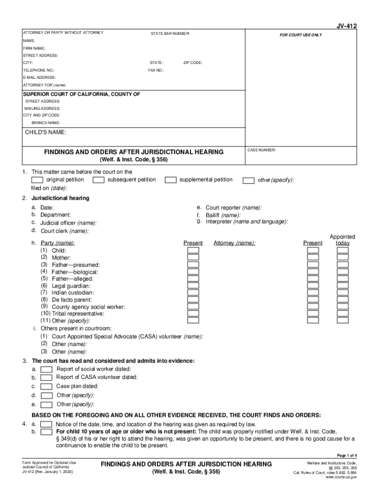  JV 412 Findings and Orders After Jurisdictional Hearing Judicial Council Forms 2020-2024