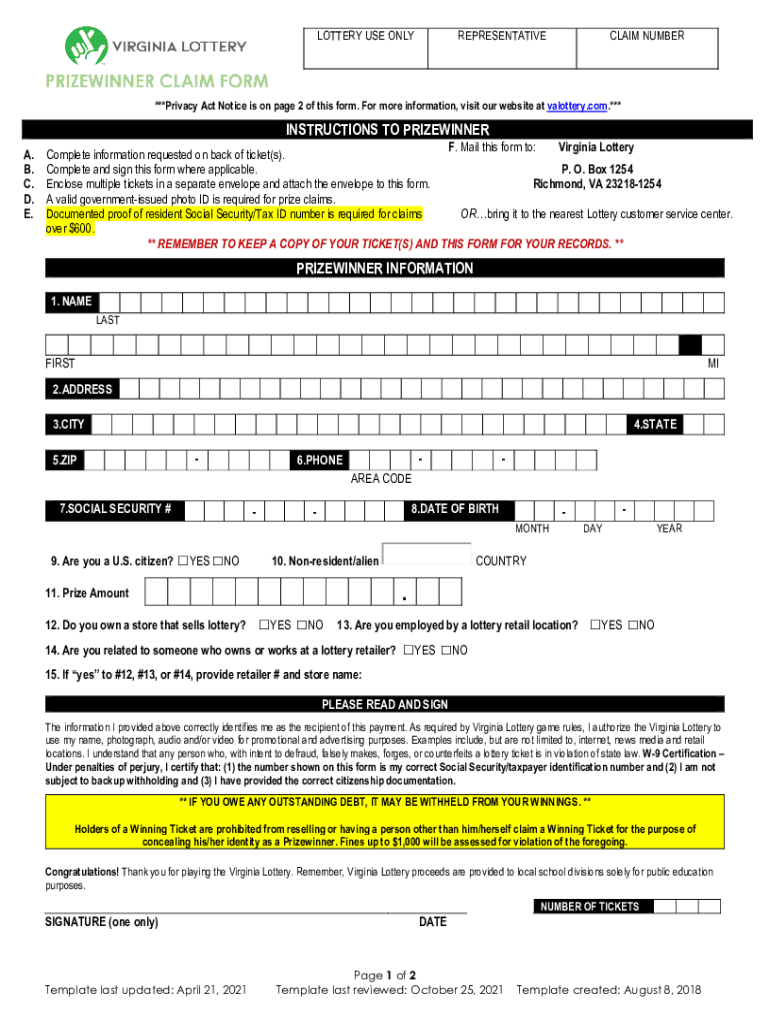 Va Lottery Claim Form Fill and Sign Printable Template