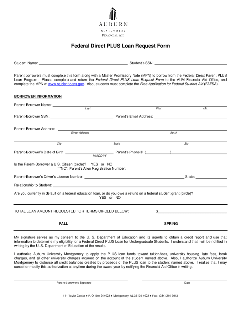 Federal Direct PLUS Loan Request Form Students SSN