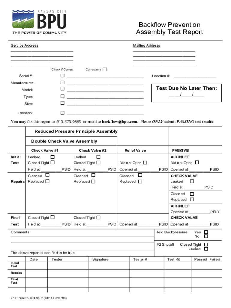 Backflow Prevention Assembly Test &amp;amp; Maintenance Report  Form