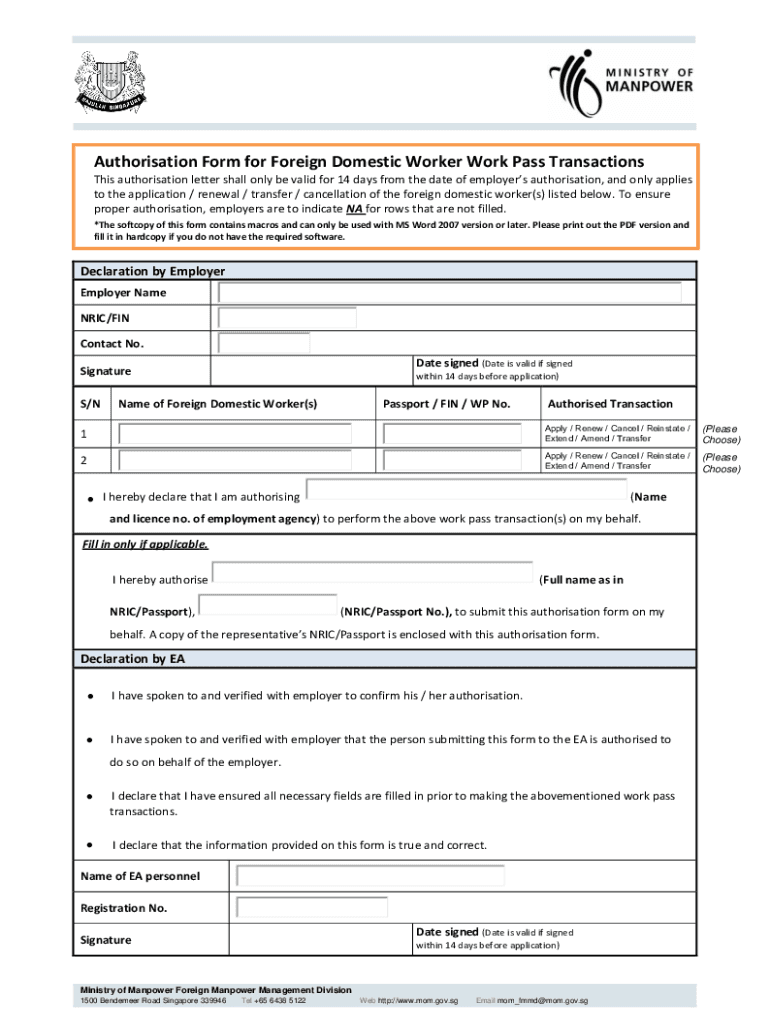  Authorisation Form for Foreign Domestic Worker Work Pass 2023-2024