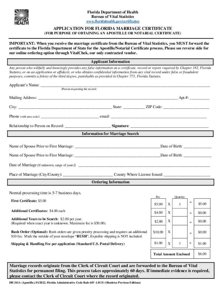 Application for Florida Marriage Certificate  Form