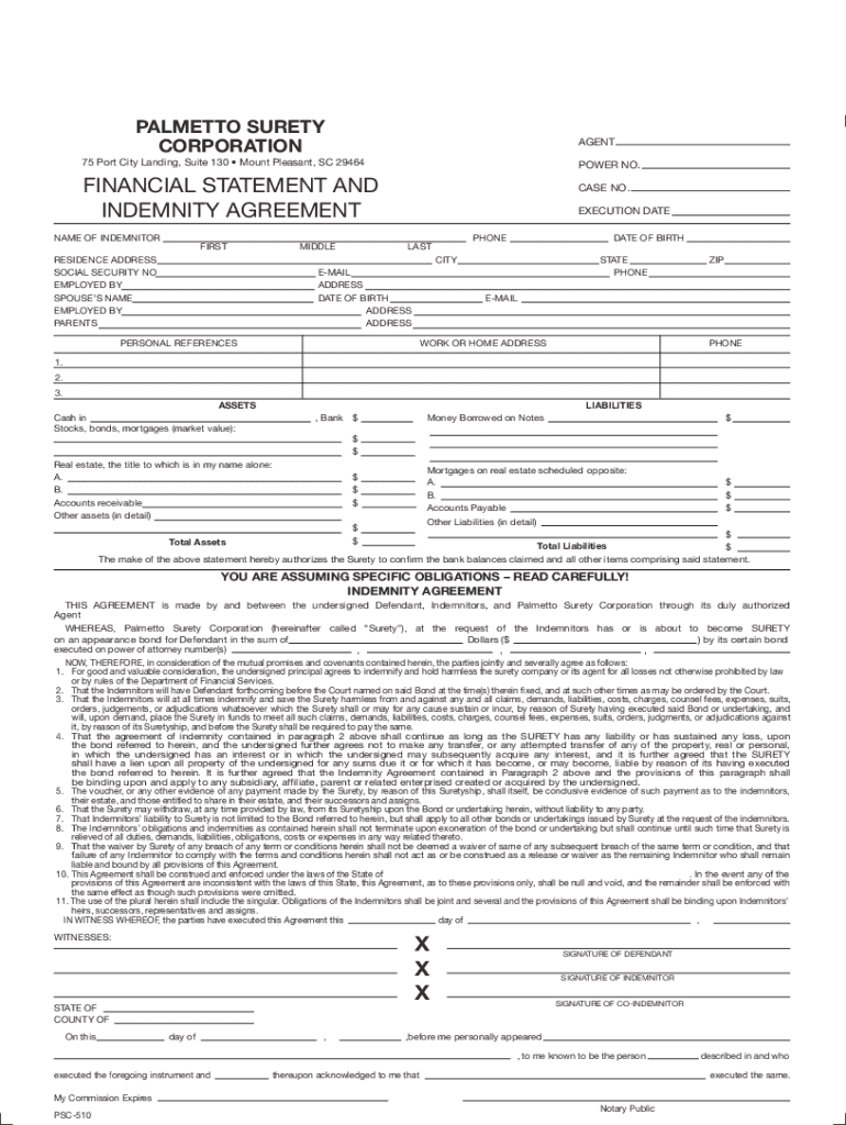 Indemnity Agreement PALMETTO SURETY CORPORATION  Form