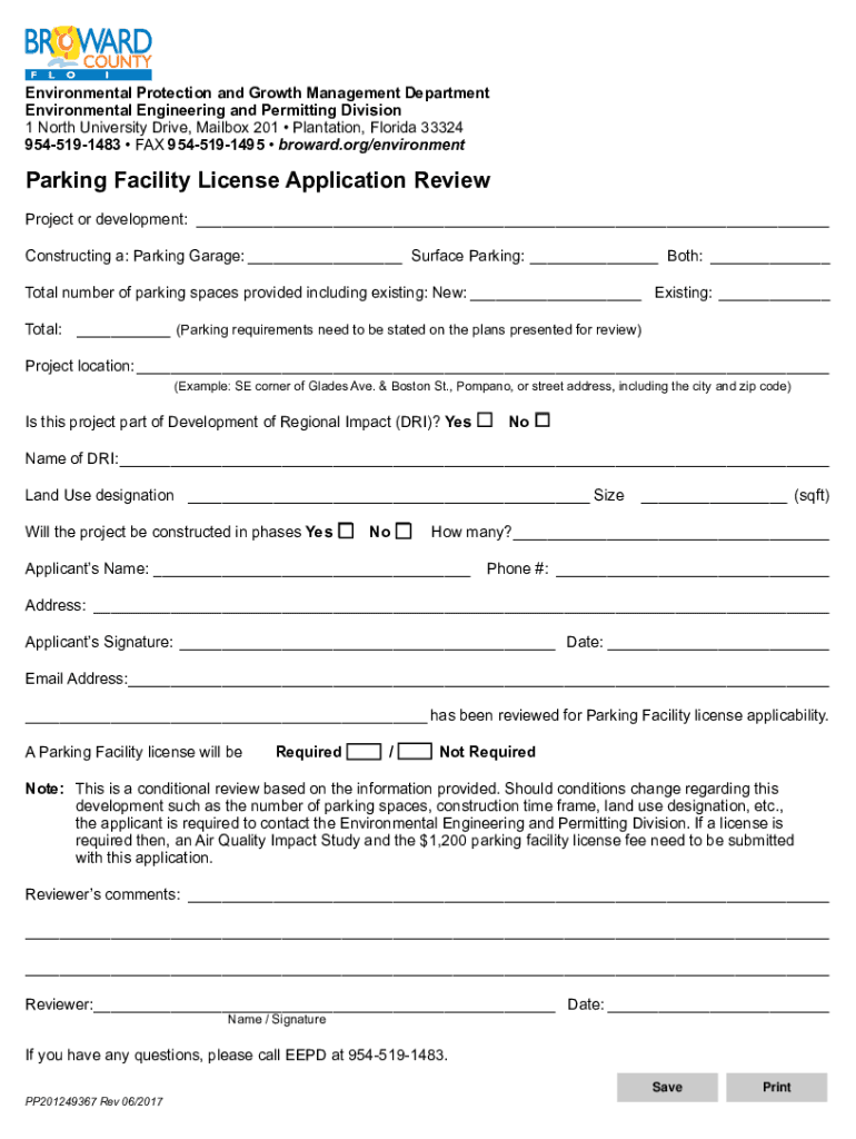 Parking Facility License Application Review  Form