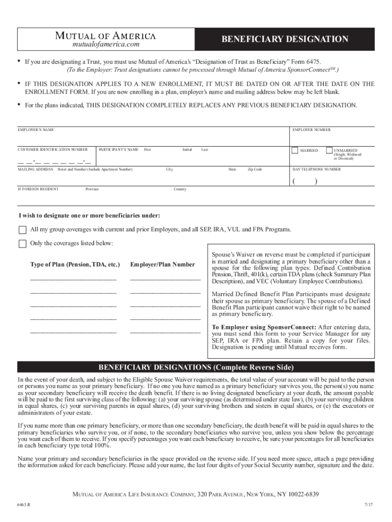 Mutual of America Beneficiary Designation Form