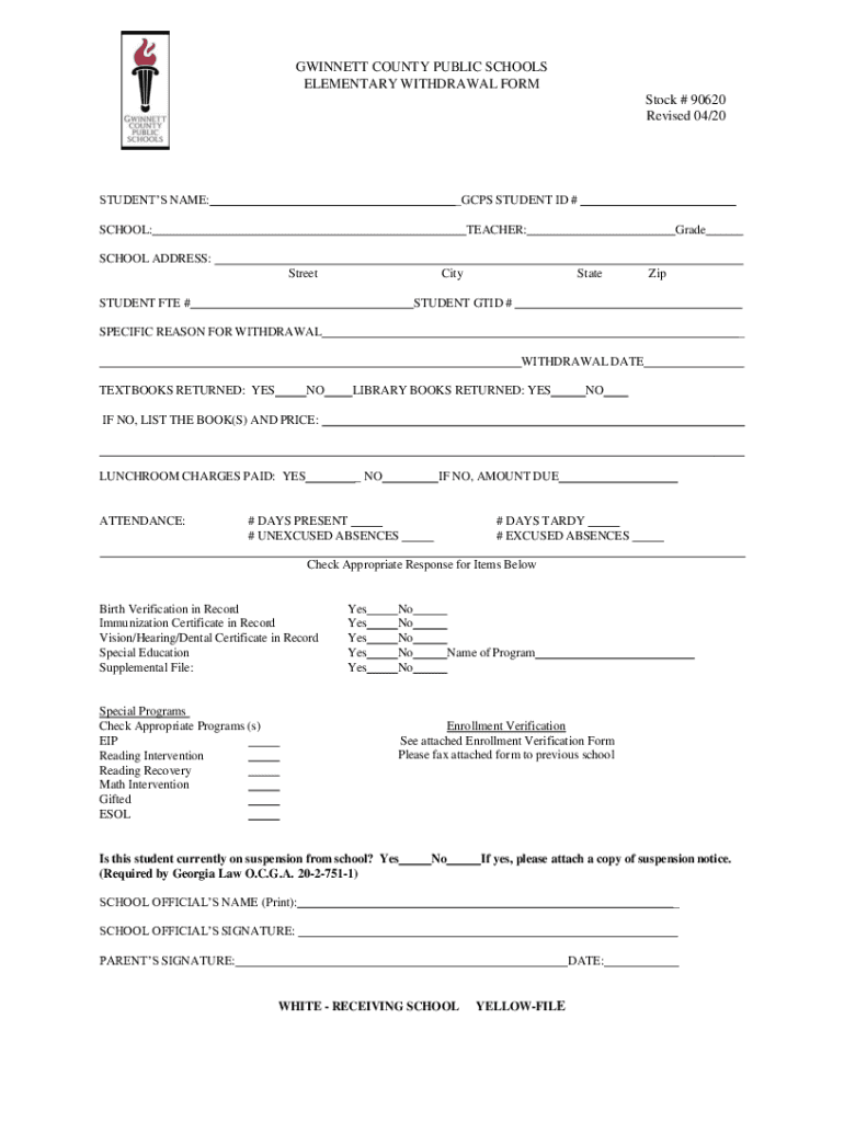 GWINNETT COUNTY PUBLIC SCHOOLS ELEMENTARY WITHDRAW  Form