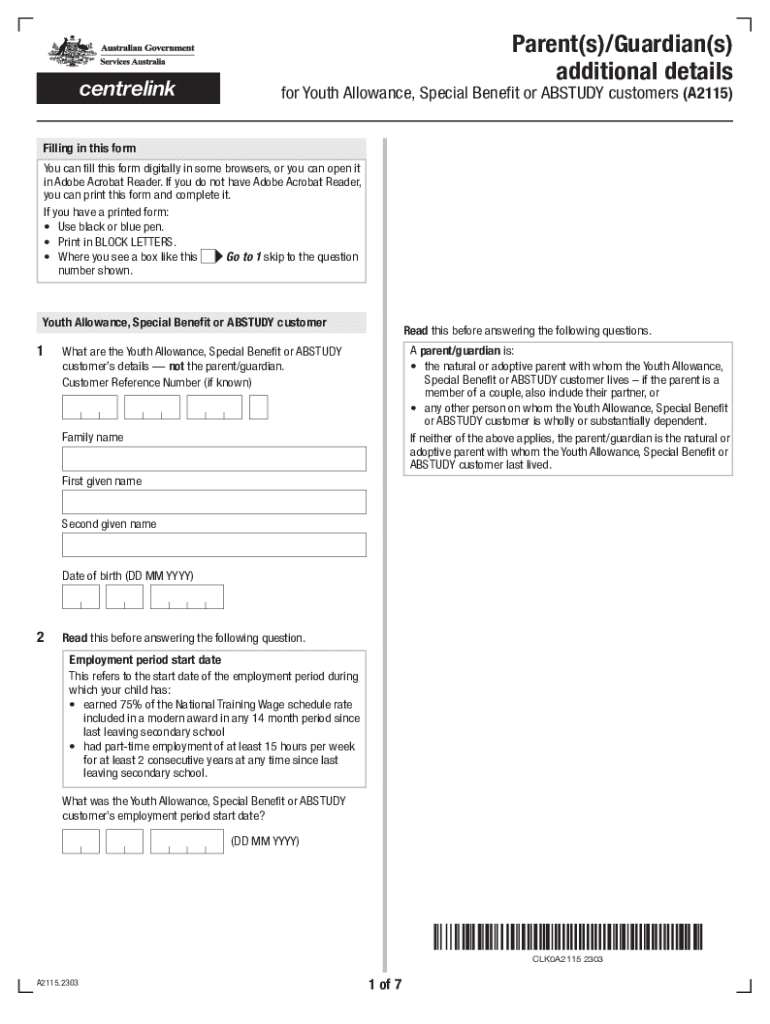  Parent Details Form for Youth Allowance 2023-2026