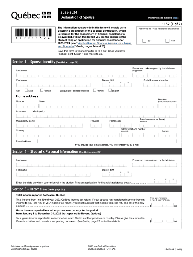  1152 Declaration of Spouse Spouse&#039;s Statement that Will Be Used to Determine the Contribution for Financial Aid Calculation 2023-2024