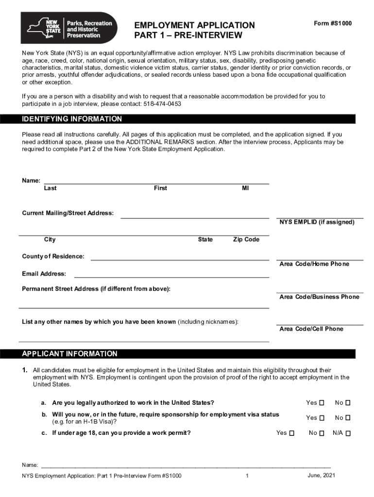  EMPLOYMENT APPLICATION PART 1 PREINTERVIEWForm #S1 2021-2024