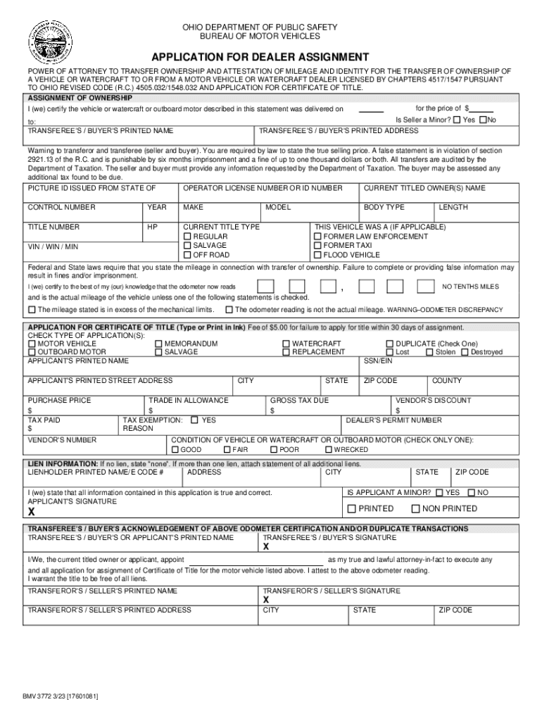  ASSIGNMENT of OWNWERSHIP and ATTESTATION of IDENTITY for the TRANSFER of OWNERSHIP of an E TITLED MOTOR VEHICLE, off ROAD VEHI 2023-2024