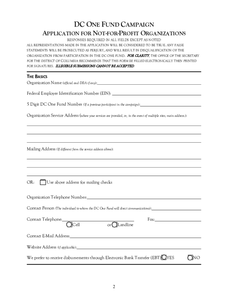 DC ONE FUND CAMPAIGN APPLICATION for NOTFORPROFIT  Form