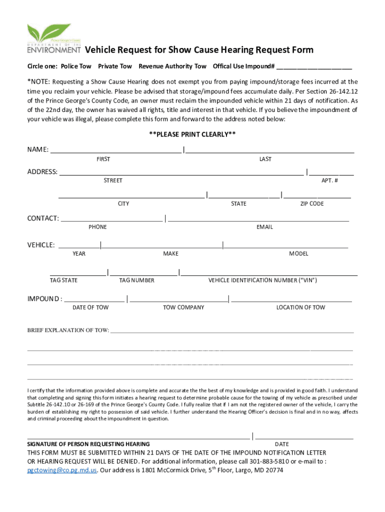 Prince George&#039;s County Vehicle Show Cause  Form