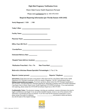 High Risk Pregnancy Notification Form Miami Dade County Health Department Perinatal Please Send Confidential Fax to 305 470 5533