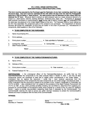 St 2 Steel Origin Certification Non Identifiable Non Structural Steel  Form