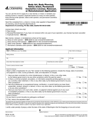 Body Art, Body Piercing, Tattoo Artist, Permanent Cosmetics License, Renewal, or Reinstatement Application Dol Wa  Form