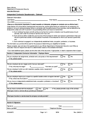  Independent Contractor Questionnaire Illinois Unemployment Insurance Act IBIS Ides Illinois 2011-2024