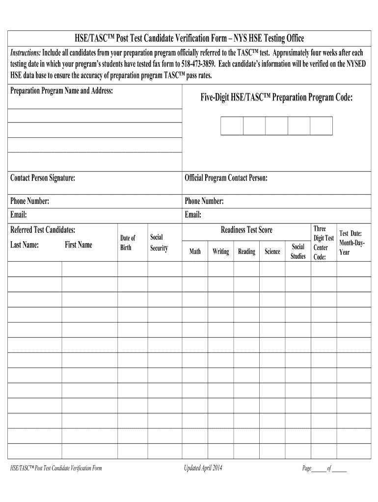  HSETASC Post Test Candidate Verification Form NYS HSE    Acces Nysed 2014