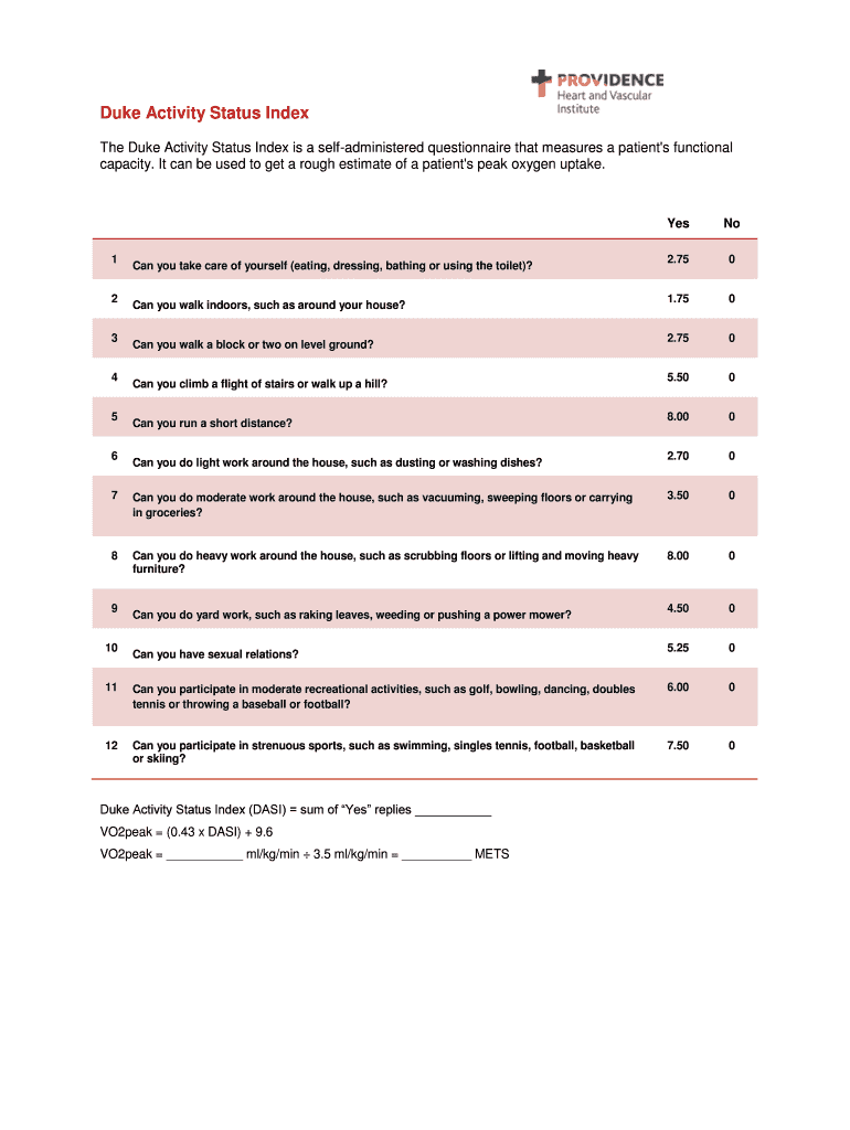 The Duke Activity Status Index is a Self Administered Questionnaire that Measures a Patient&#039;s Functional  Form