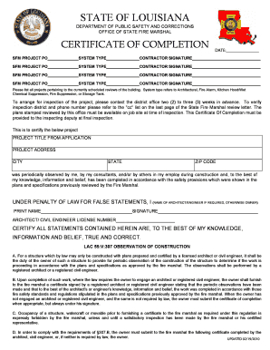 Louisiana State Fire Marshal Certificate of Completion  Form