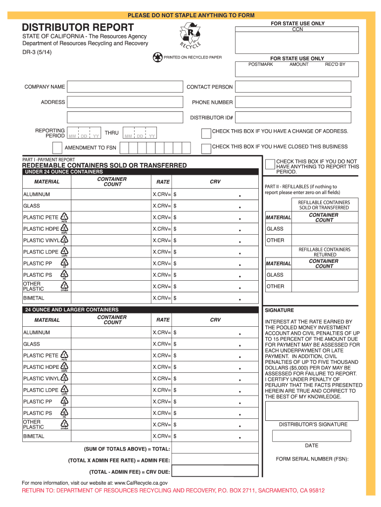 DR 3 Form  Calrecycle Ca