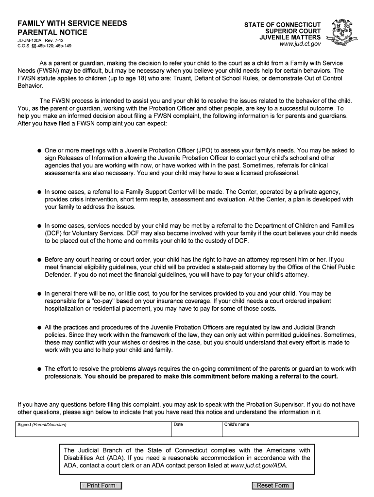 Family with Service Needs Connecticut Judicial Branch CT Gov Jud Ct  Form