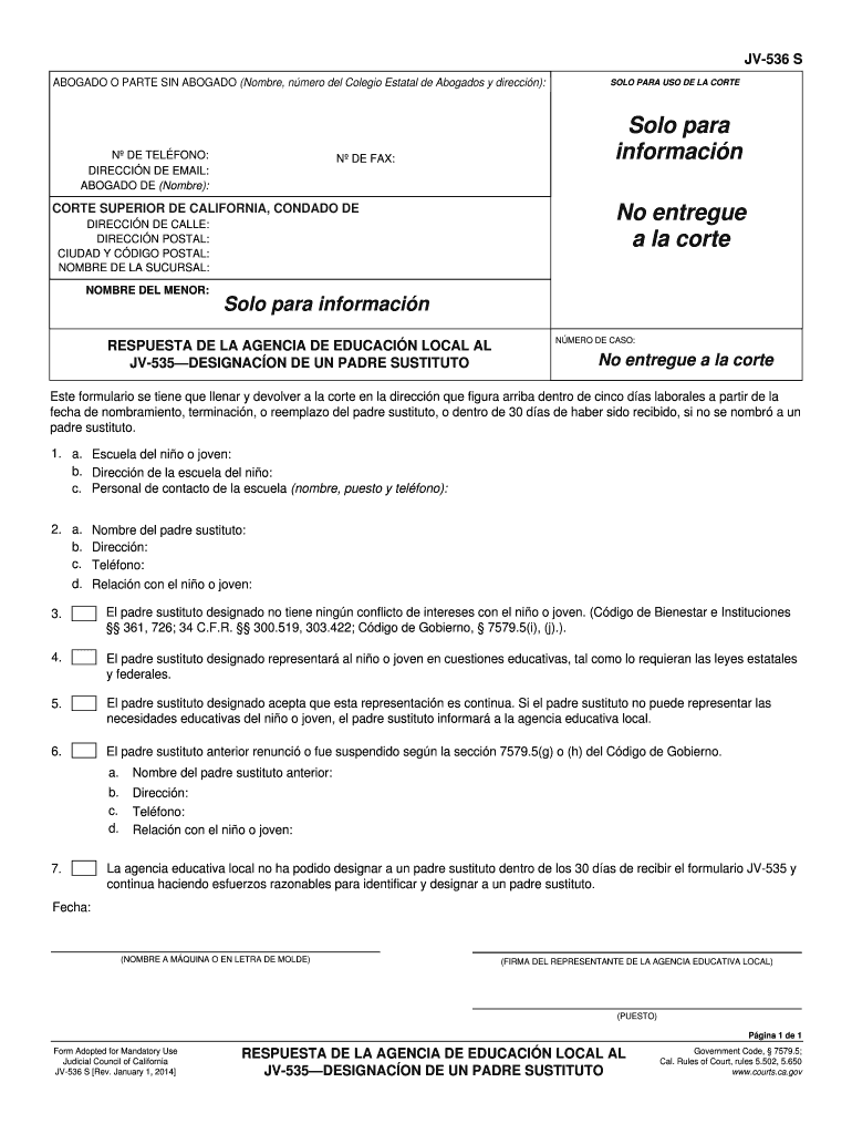 JV 536 S Local Educational Agency Response to JV 535Appointment of Surrogate Parent Spanish Judicial Council Forms Courts Ca