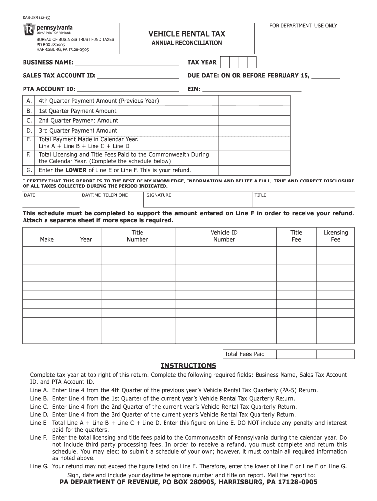 Vehicle Rental Tax Annual Reconciliation DAS 28R Vehicle Rental Tax Annual Reconciliation DAS 28R  Form