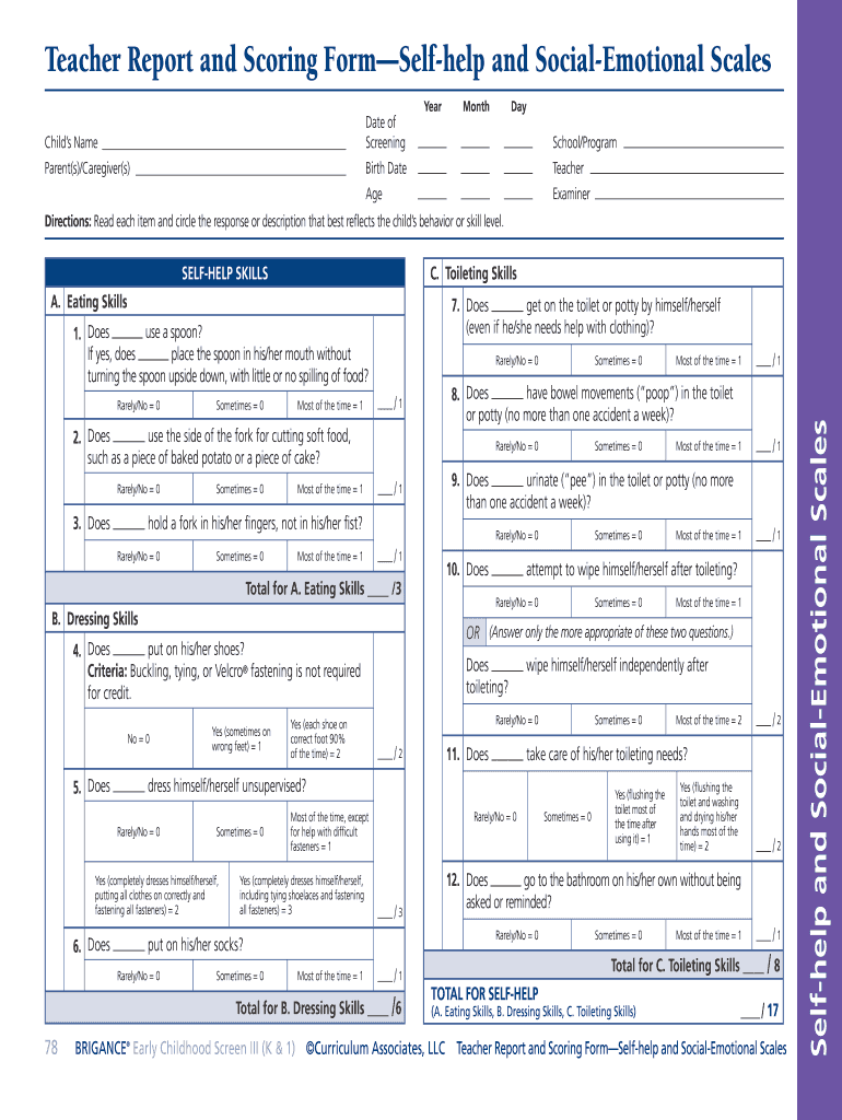 Brigance Self Help and Social Emotional Scales Scoring  Form