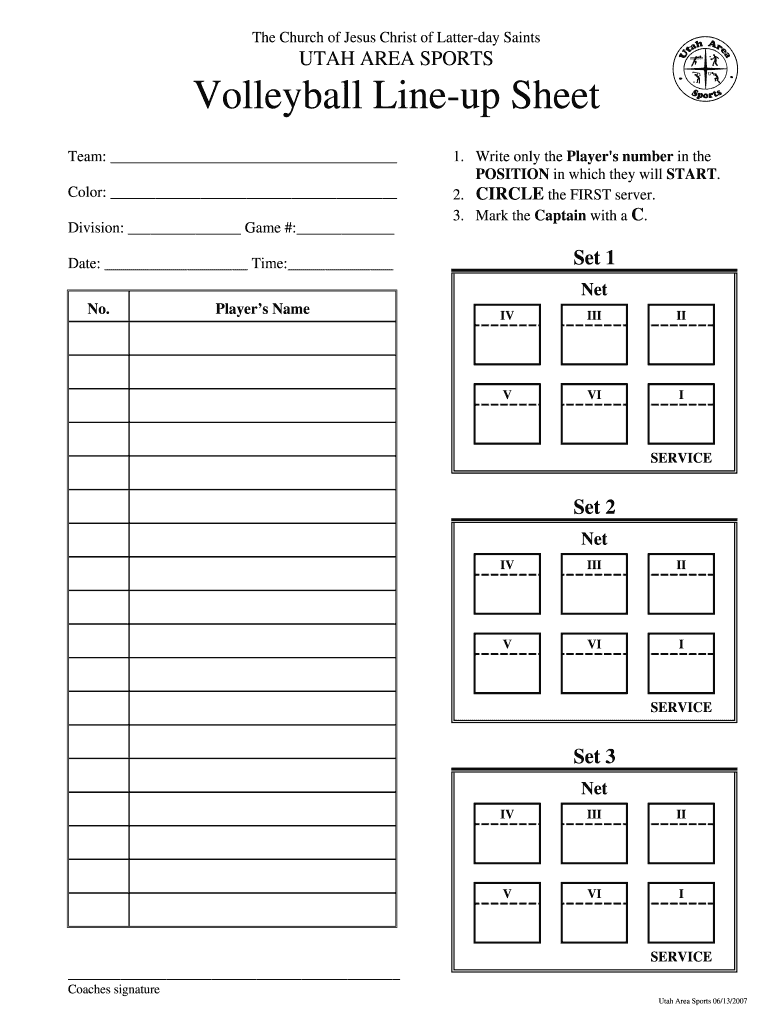 Volleyball Lineup Sheet  Form