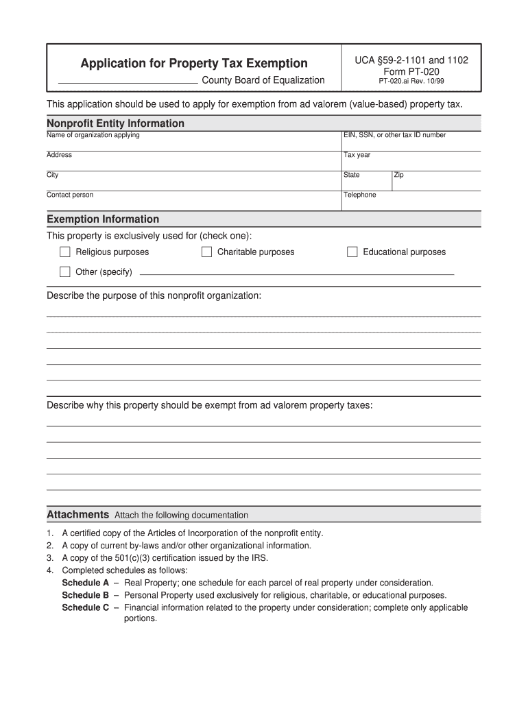  Application for Property Tax Exemption County Board of Equalization UCA 59 2 1101 and 1102 Form PT 020 PT 020  Propertytax Utah 1999-2024