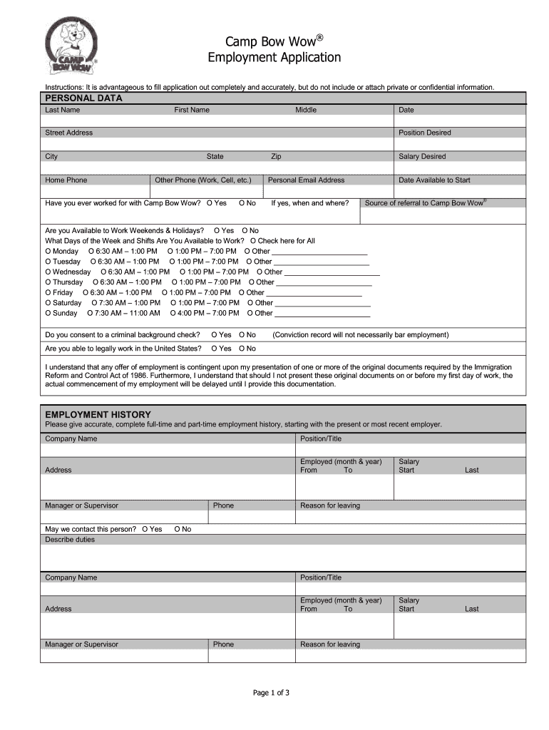 Camp Bow Wow Employment Application  Form