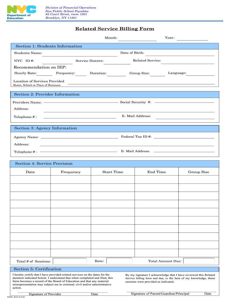 Nyc Do Independent Provider of Related Service Billing Form Rsa 7a