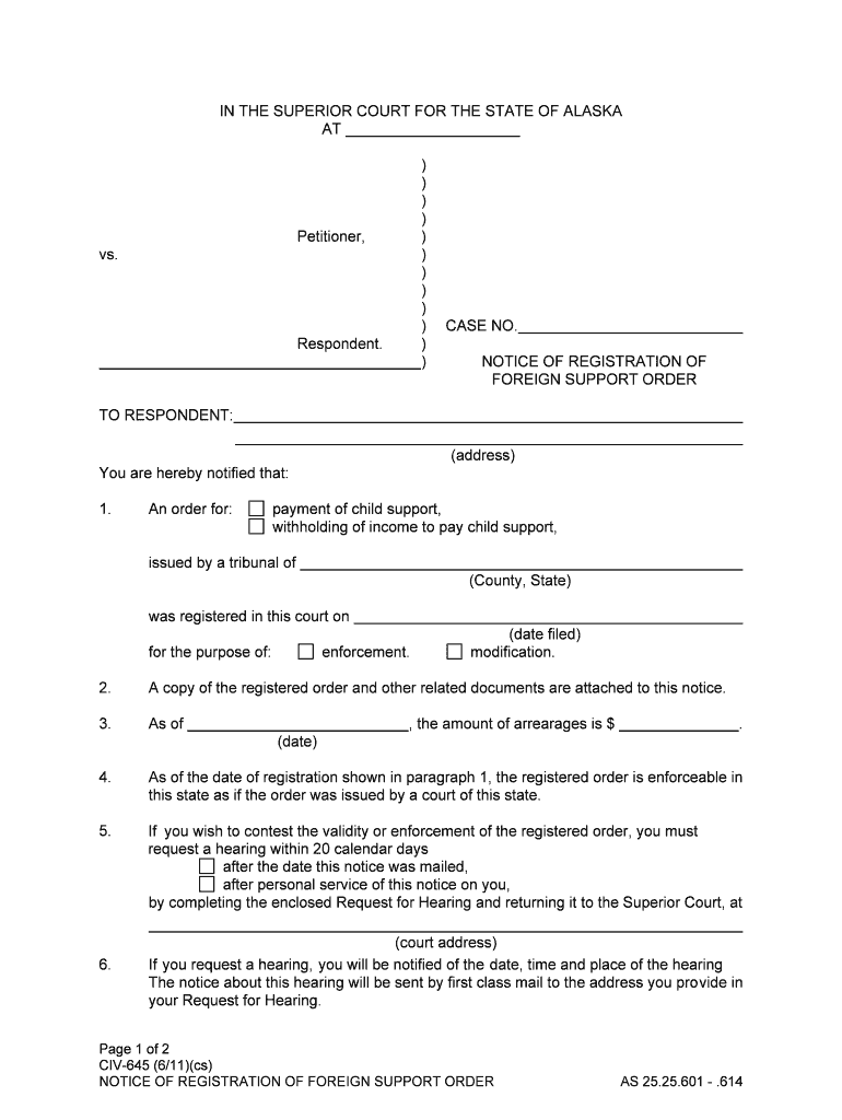 CIV 645 Notice of Registration of Foreign Support Order 611 PDF  Form