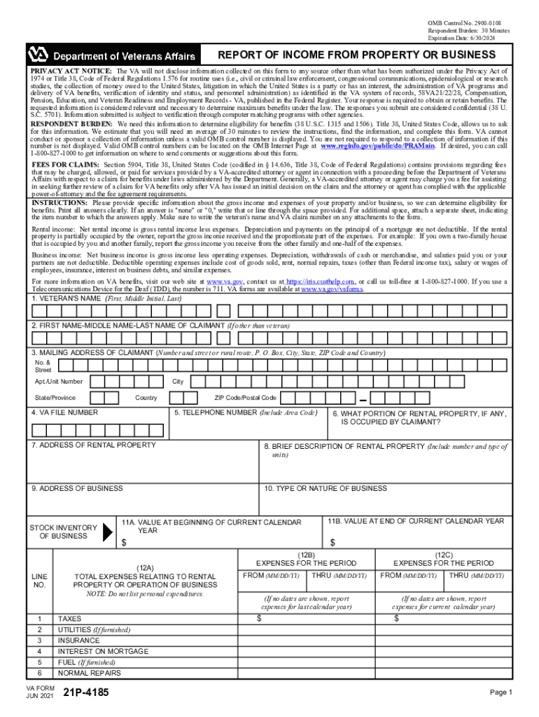  VA Form 21P 4185 REPORT of INCOME from PROPERTY or BUSINESS 2021-2024