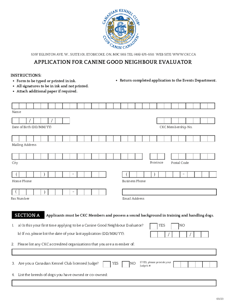 APPLICATION for CANINE GOOD NEIGHBOUR EVALUATOR  Form