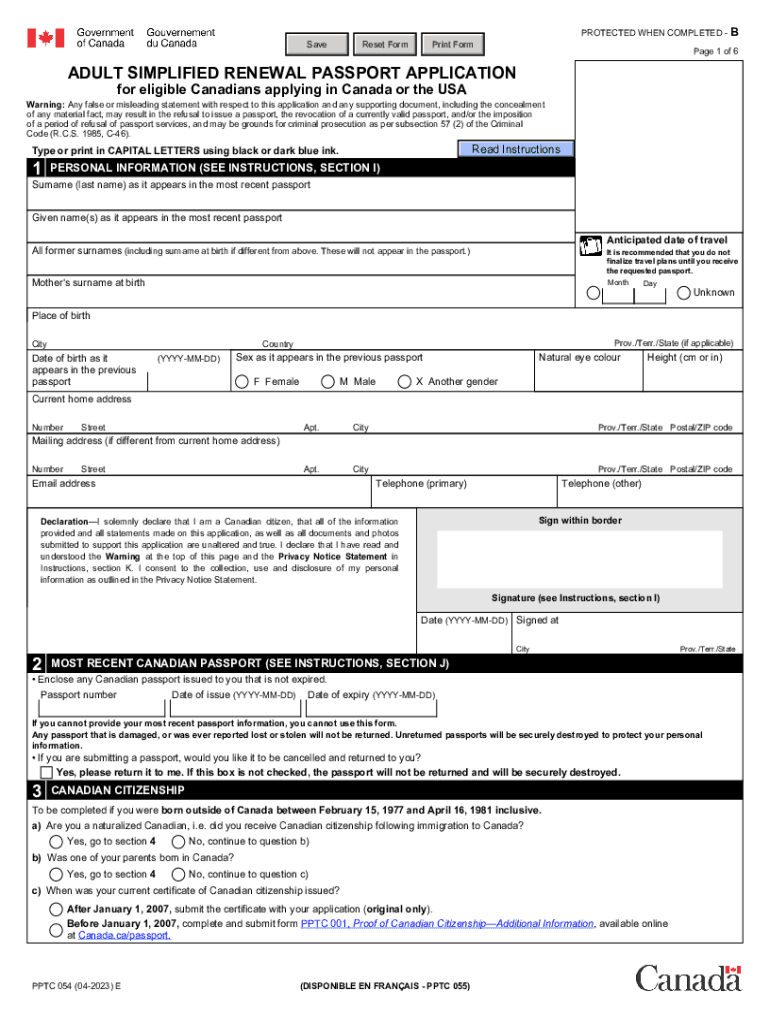 PPTC 054 E Adult Simplified Renewal Passport Application for Eligible Canadians Applying in Canada or the USA 2023-2024