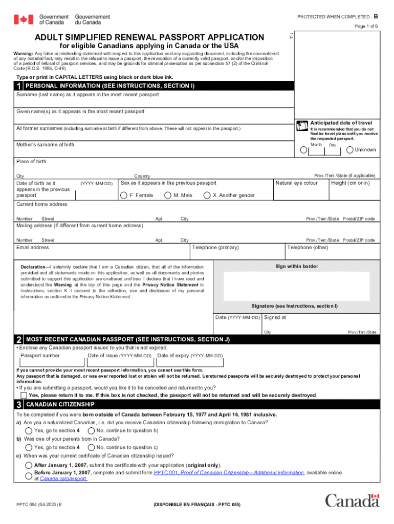  PPTC 054 E Adult Simplified Renewal Passport Application for Eligible Canadians Applying in Canada or the USA 2023-2024