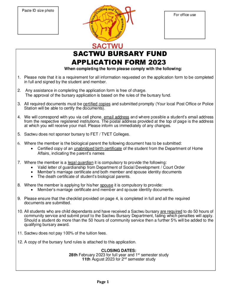  SACTWU BURSARY FUND APPLICATION FORM 2023-2024