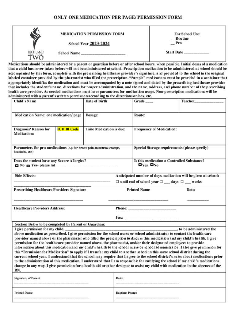 Provider and Parent Permission to Administer Medication  Form