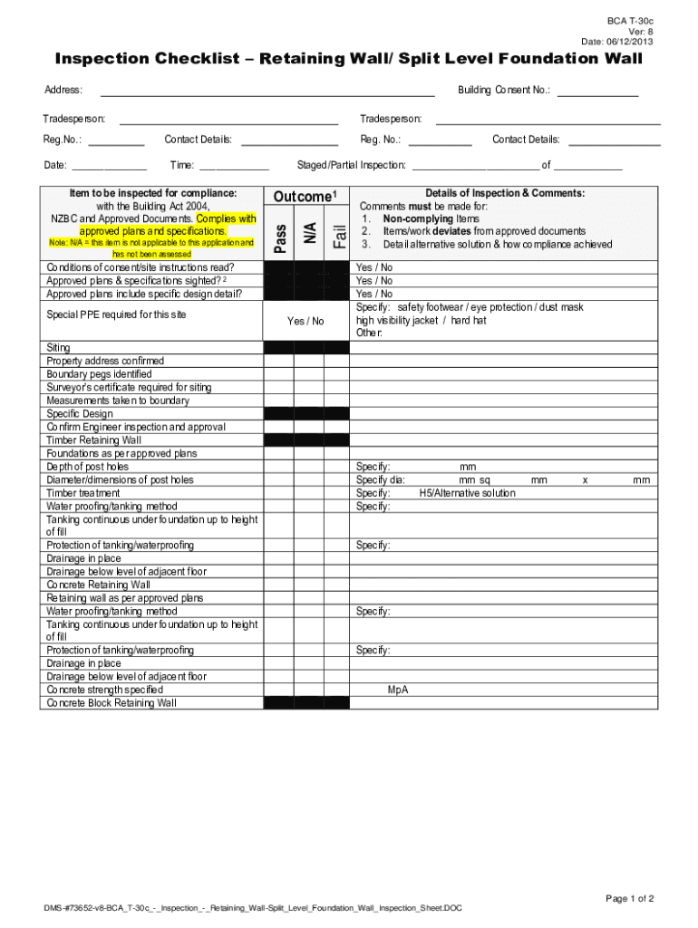 Inspection Checklist Retaining Walls  Form