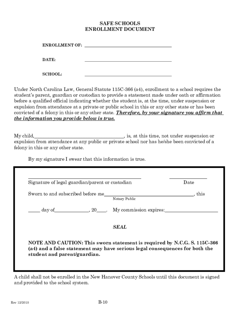 Safe School Enrollment Document  Form