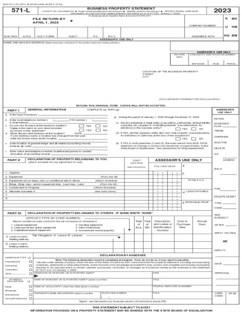 Office of the Assessor&#039;s Business Property Statement, Form 571