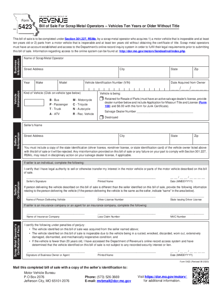  Form 5423 Bill of Sale Metal Operators Vehicles Ten Years or Older Without Title 2020-2024