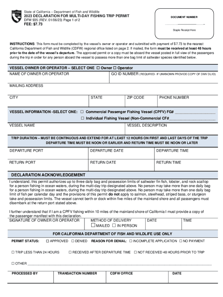 Declaration for Multi Day Fishing Trip FG935 State of  Form